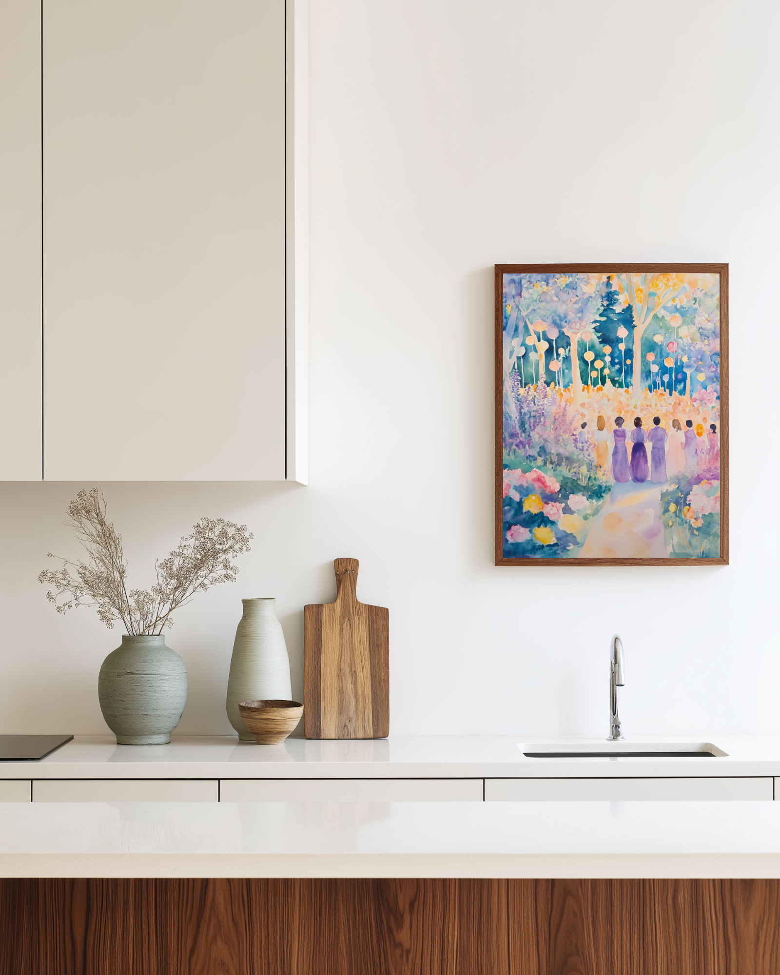 Colorful abstract purple painting on a wall above a modern kitchen counter with decorative items.