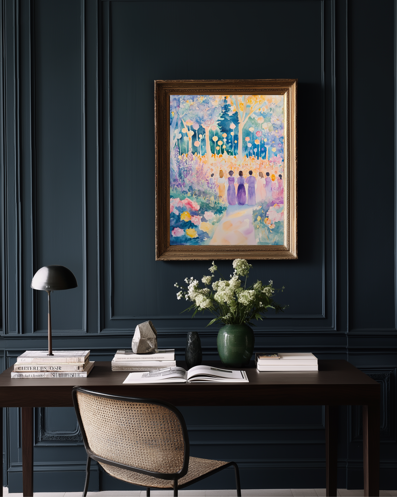 Decorative interior with a framed purple watercolor painting, books, and a vase on a desk against a dark blue paneled wall.