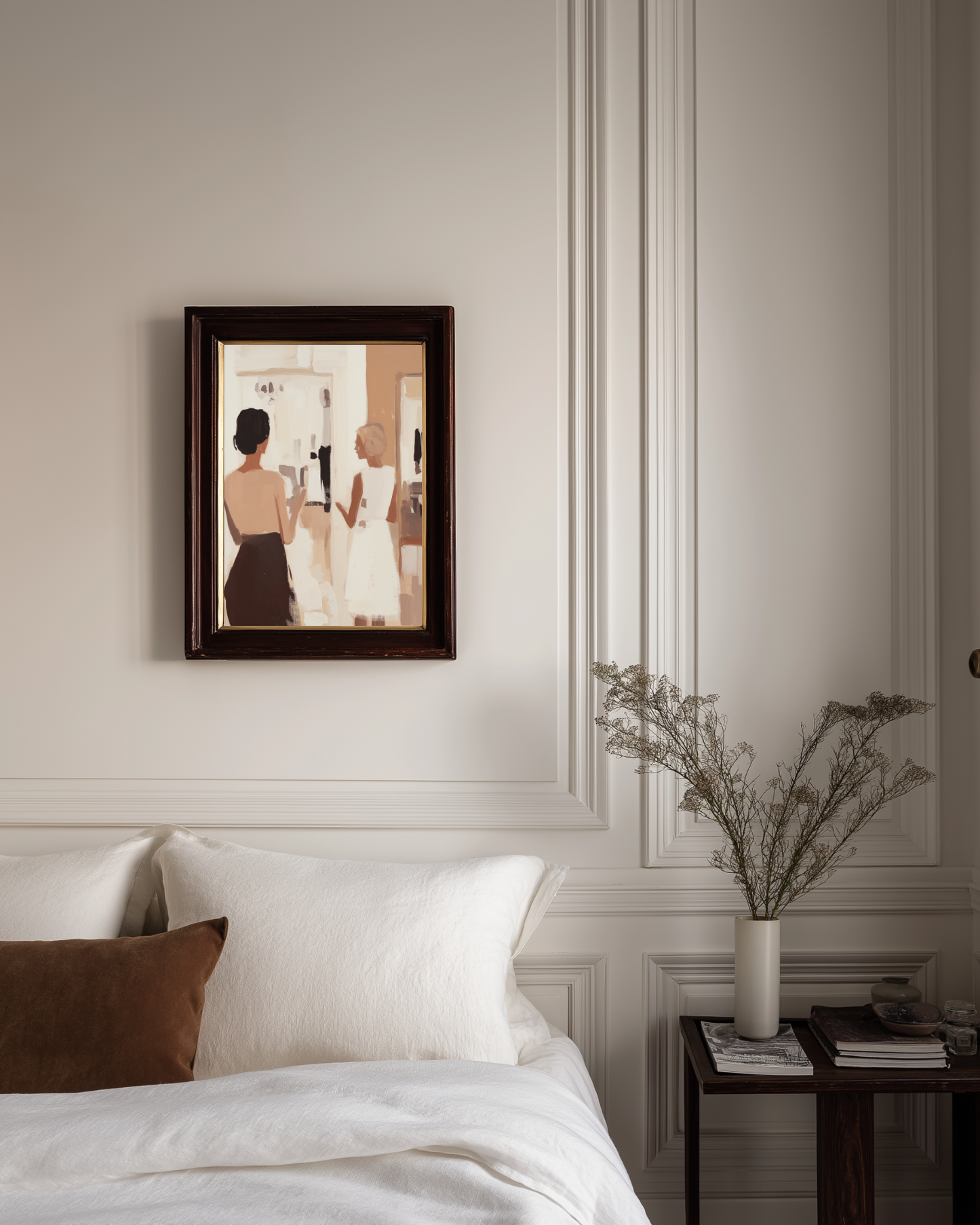 small elegant luxury abstract beige women poster on a wall above a bed with decorative elements.