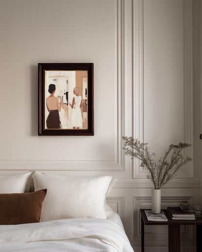 small elegant luxury abstract beige women poster on a wall above a bed with decorative elements.