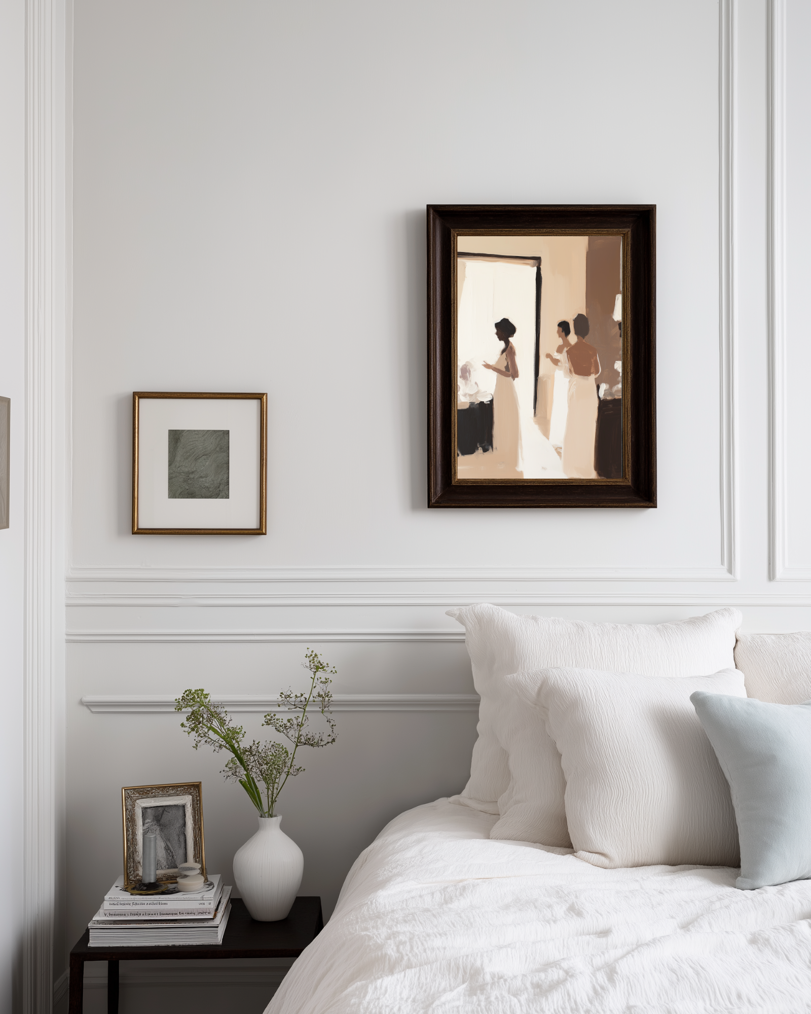 Neatly made bed with decorative pillows in a bedroom setting. beige oil painting. 