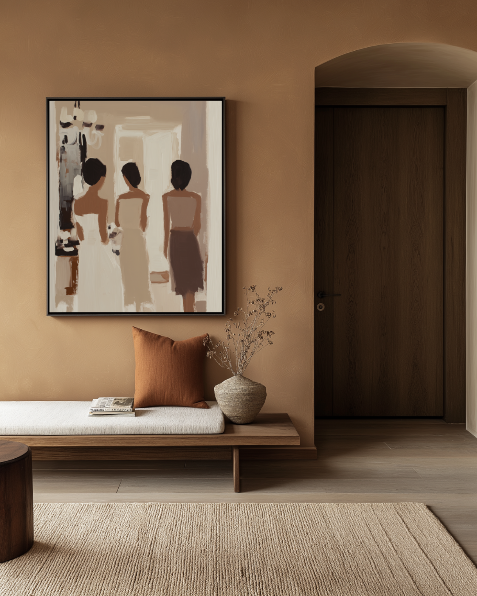 Nest hallway with a painting of three women on the wall, a wooden bench with a cushion, and a vase with flowers.