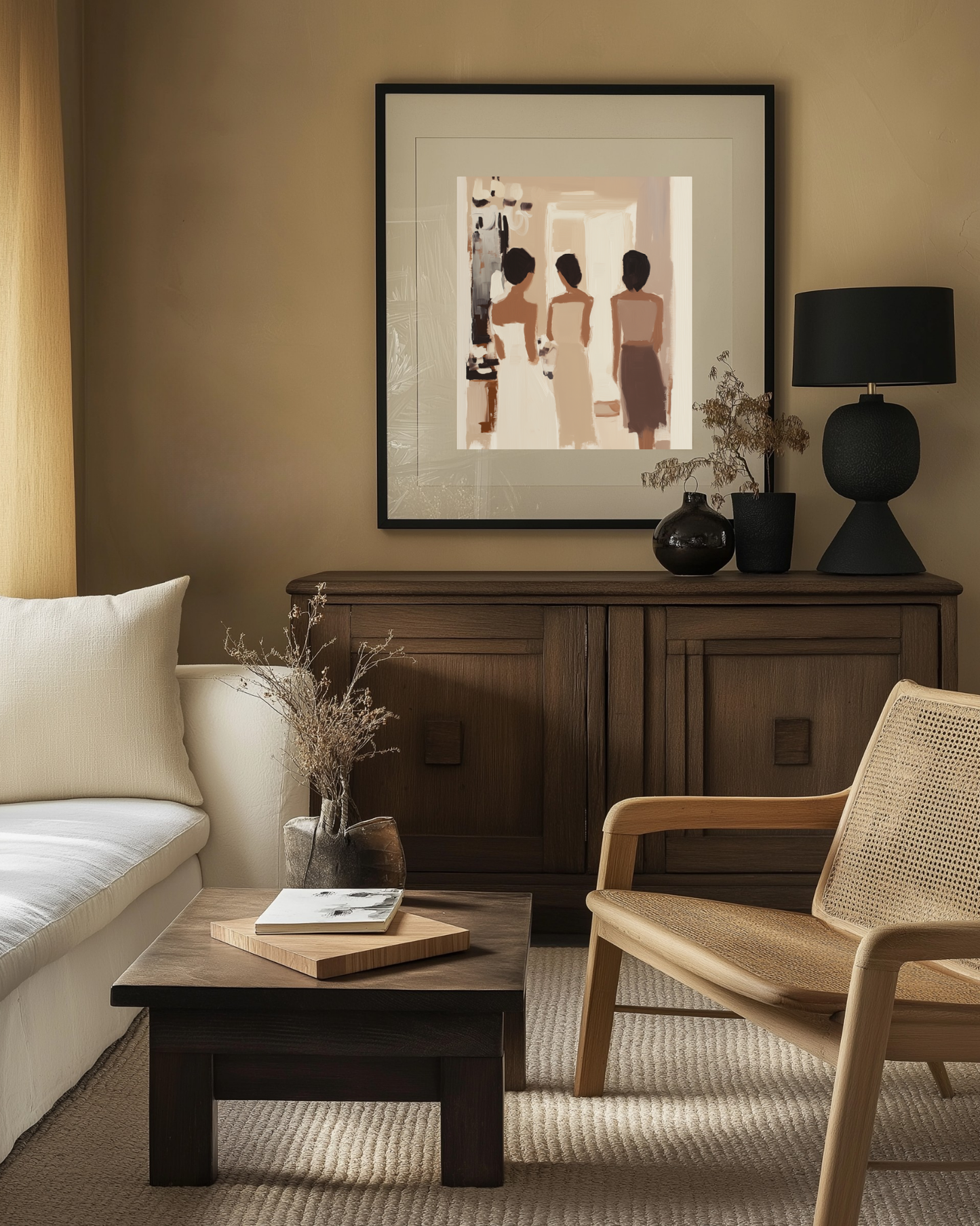 soft yellow Mexican living room with latin american women painting wall art