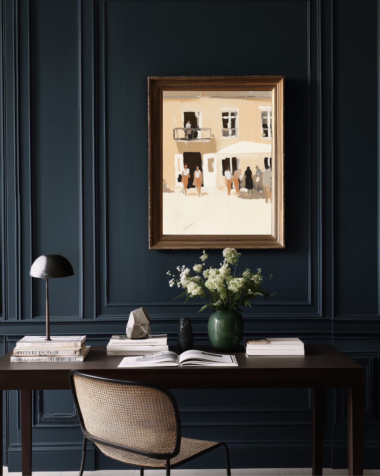 sunny abstract oil paint architecture on paneled navy wall in a luxurious home office