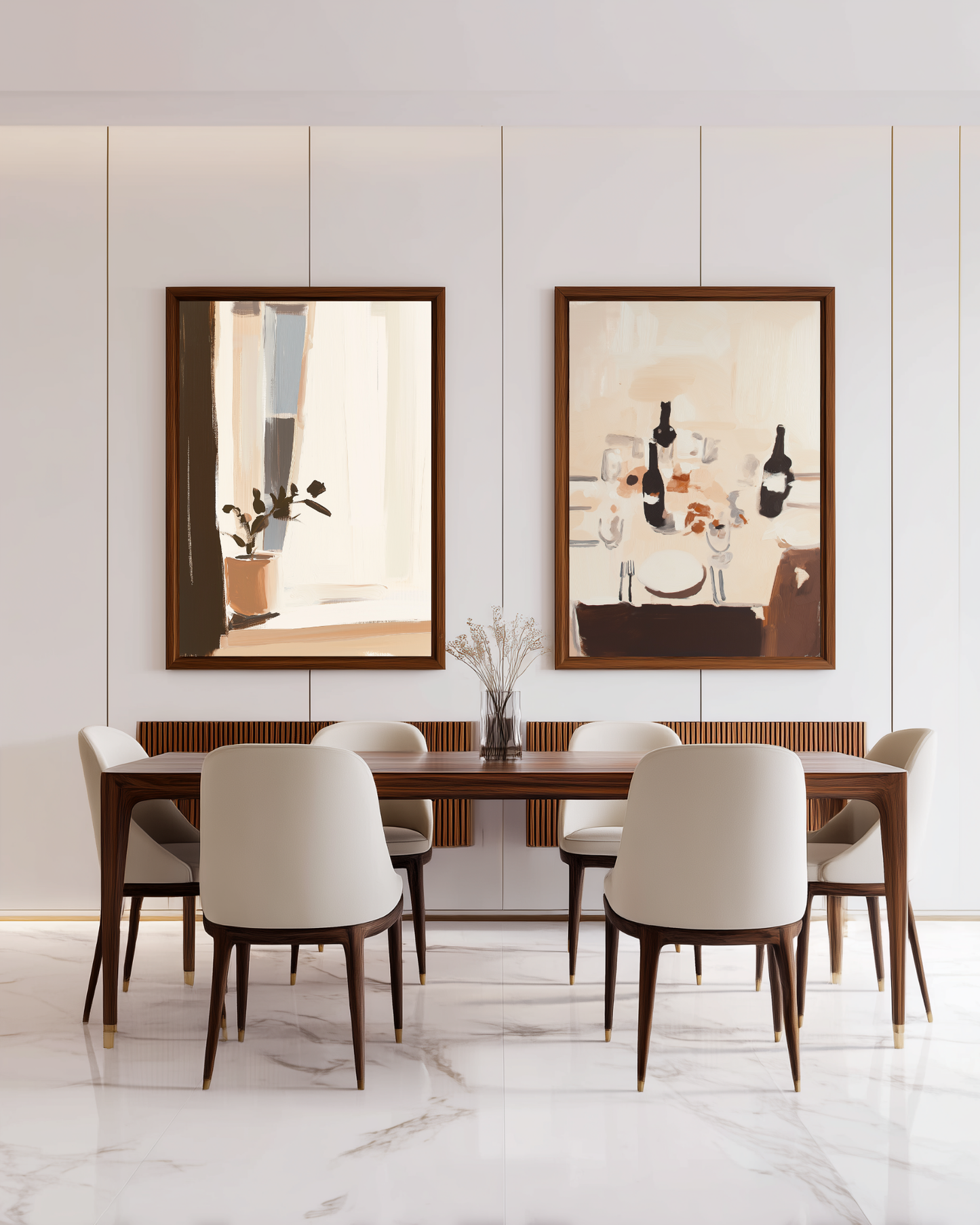two large abstract beige oil paintings for luxury dining rooms