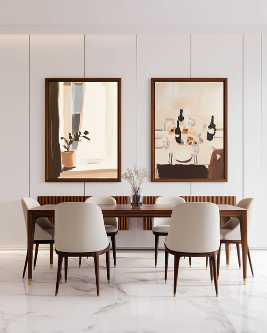 two large abstract beige oil paintings for luxury dining rooms