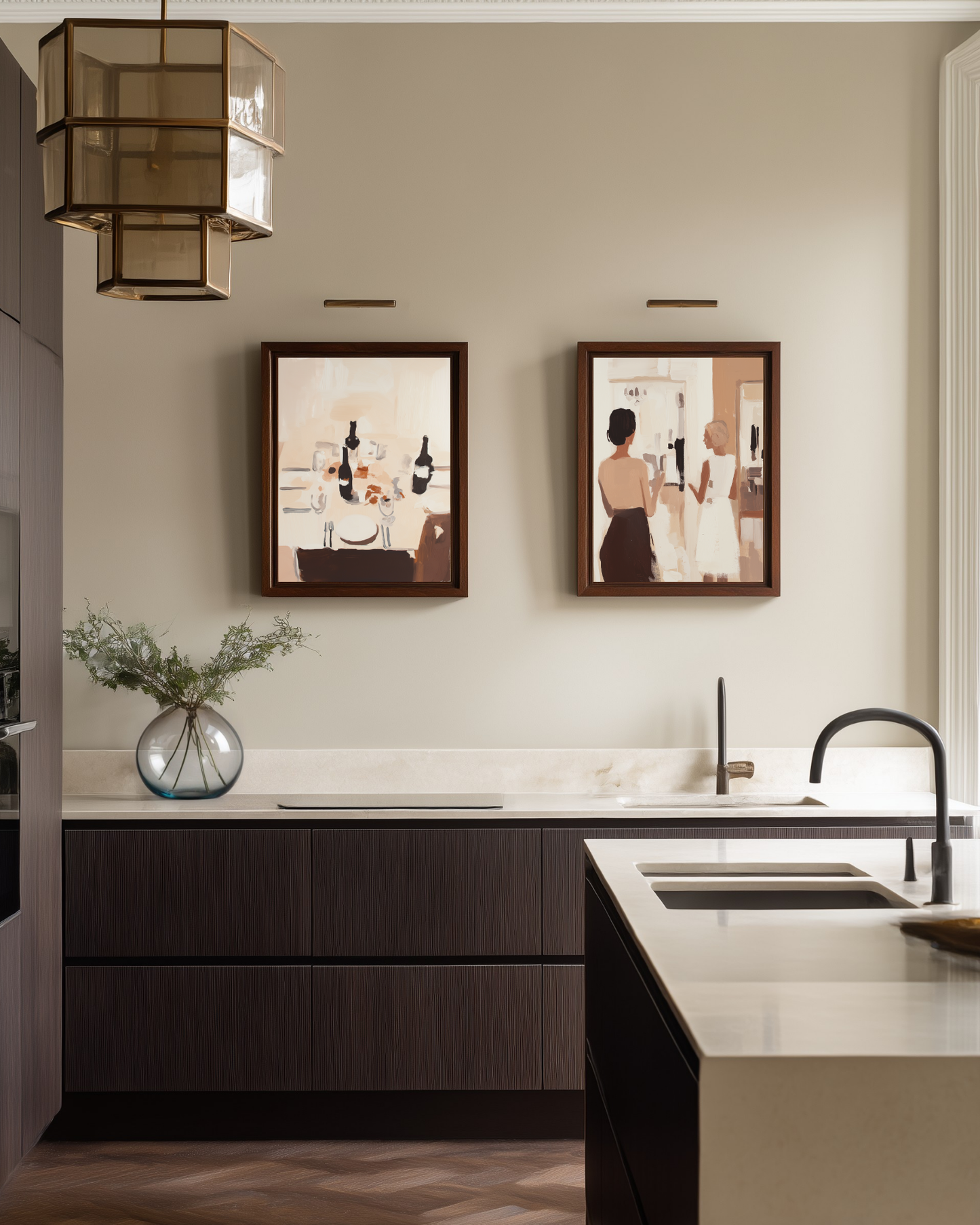 two matching abstract beige oil paintings for luxury kitchens