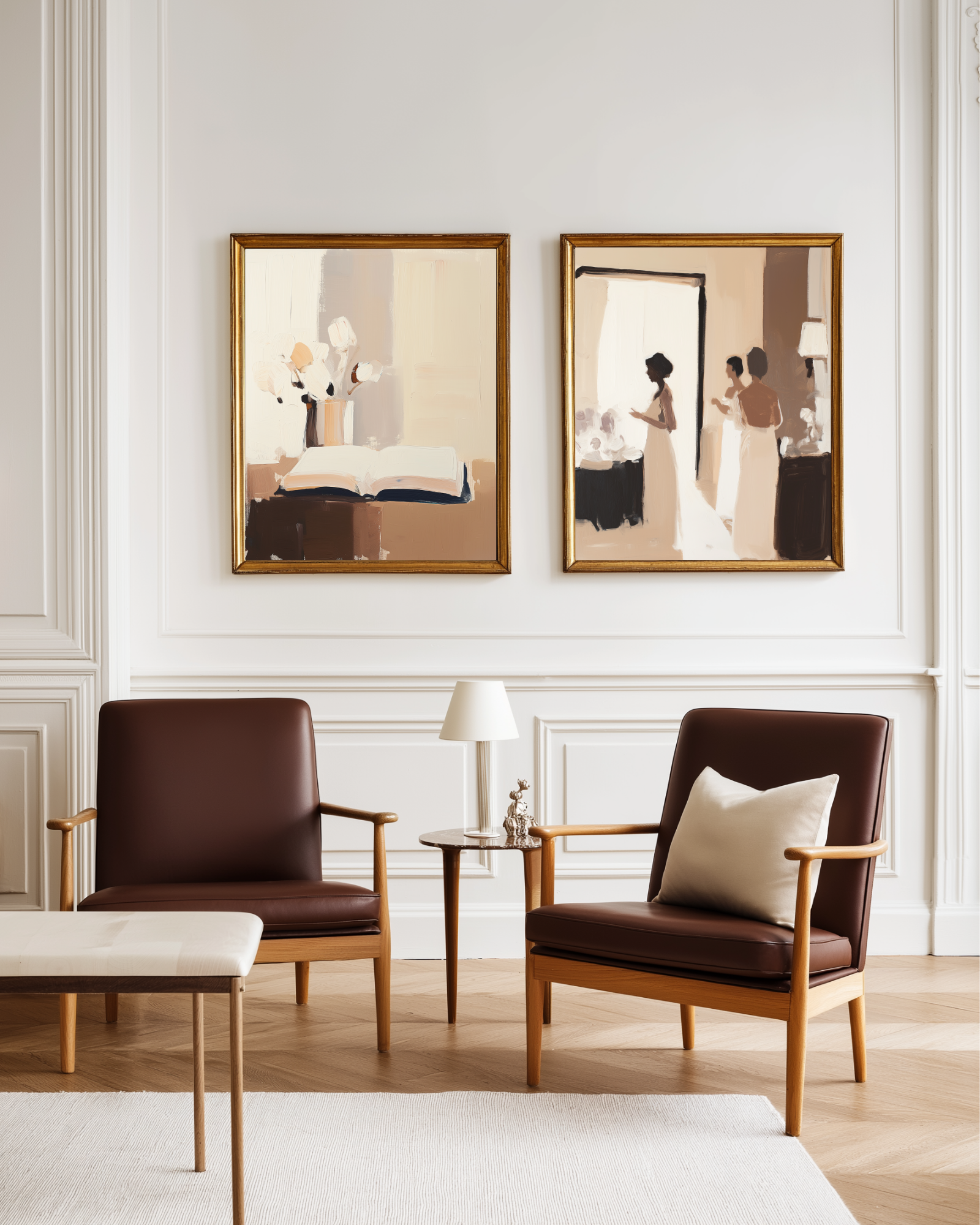 Two brown armchairs in a living room with two matching beige oil paintings, framed modern posters