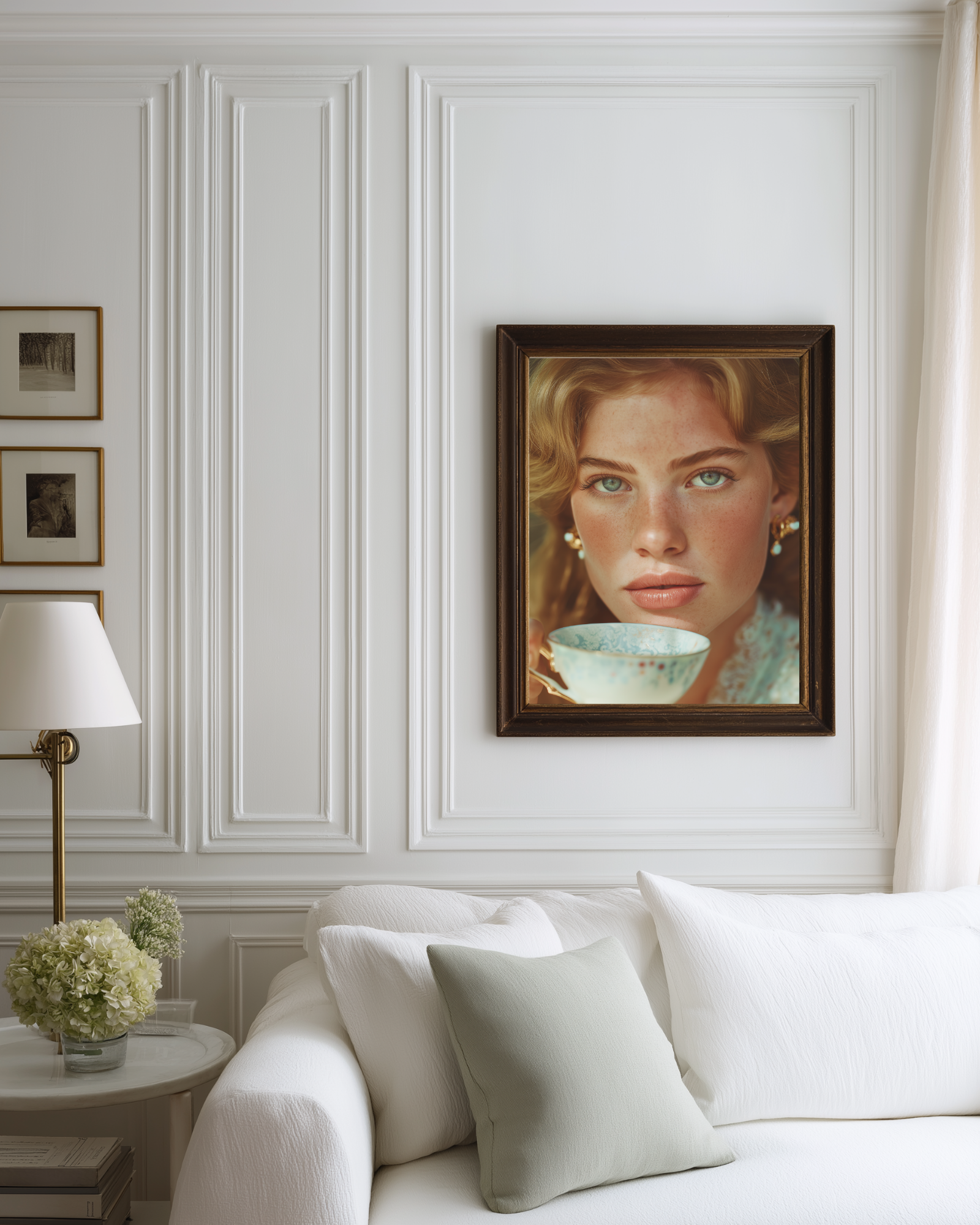 white living room with framed fashion photo poster of a blonde woman holding a teacup